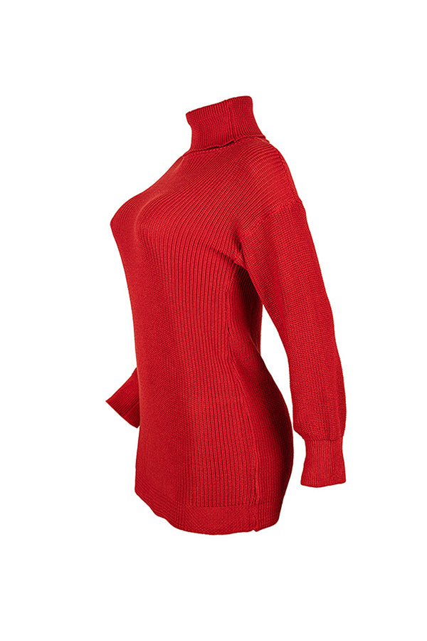 Long Sleeve High Neck Red Sweater Dress For Womens