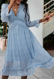 Ditsy Floral Print Deep V Neck Midi  Dress Ruffle Long Sleeve Boho Dress