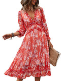 Womens Long Sleeve V Neck Ruffle Floral Midi Dress Sun Dresses