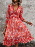 Womens Long Sleeve V Neck Ruffle Floral Midi Dress Sun Dresses