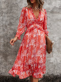 Womens Long Sleeve V Neck Ruffle Floral Midi Dress Sun Dresses