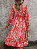 Womens Long Sleeve V Neck Ruffle Floral Midi Dress Sun Dresses