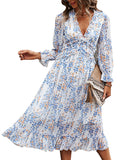 Womens Long Sleeve V Neck Ruffle Floral Midi Dress Sun Dresses