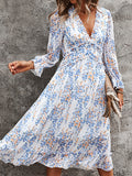 Womens Long Sleeve V Neck Ruffle Floral Midi Dress Sun Dresses