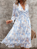 Womens Long Sleeve V Neck Ruffle Floral Midi Dress Sun Dresses