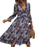 Womens Long Sleeve V Neck Ruffle Floral Midi Dress Sun Dresses