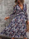 Womens Long Sleeve V Neck Ruffle Floral Midi Dress Sun Dresses