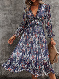 Womens Long Sleeve V Neck Ruffle Floral Midi Dress Sun Dresses