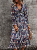 Womens Long Sleeve V Neck Ruffle Floral Midi Dress Sun Dresses