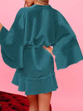 Women's Robe V Neck Wrap Swing A Line Dresses Bell Sleeve Mini Dress