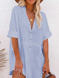 Women V Neck Long Sleeve Button Down Blouse Oversized Tunic Dress