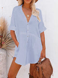 Women V Neck Long Sleeve Button Down Blouse Oversized Tunic Dress