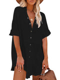 Women V Neck Long Sleeve Button Down Blouse Oversized Tunic Dress