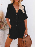 Women V Neck Long Sleeve Button Down Blouse Oversized Tunic Dress