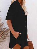 Women V Neck Long Sleeve Button Down Blouse Oversized Tunic Dress