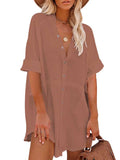 Women V Neck Long Sleeve Button Down Blouse Oversized Tunic Dress