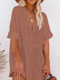 Women V Neck Long Sleeve Button Down Blouse Oversized Tunic Dress