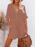 Women V Neck Long Sleeve Button Down Blouse Oversized Tunic Dress