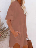 Women V Neck Long Sleeve Button Down Blouse Oversized Tunic Dress
