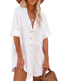 Women V Neck Long Sleeve Button Down Blouse Oversized Tunic Dress