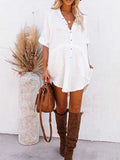 Women V Neck Long Sleeve Button Down Blouse Oversized Tunic Dress