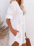 Women V Neck Long Sleeve Button Down Blouse Oversized Tunic Dress