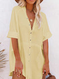Women V Neck Long Sleeve Button Down Blouse Oversized Tunic Dress