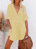Women V Neck Long Sleeve Button Down Blouse Oversized Tunic Dress