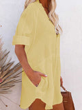 Women V Neck Long Sleeve Button Down Blouse Oversized Tunic Dress