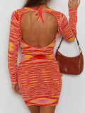 Women Cutout Backless Y2K Party Dress Knit Long Sleeve Bodycon Mini Dress