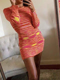 Women Cutout Backless Y2K Party Dress Knit Long Sleeve Bodycon Mini Dress