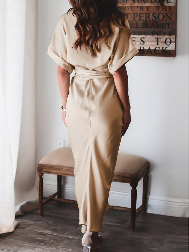Women's Satin Shirt Dress Short Sleeve Elegant Ruched Wrap Maxi Dresses