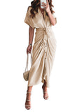 Robe chemise en satin à manches courtes pour femmes avec ceinture