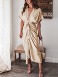 Robe chemise en satin à manches courtes pour femmes avec ceinture