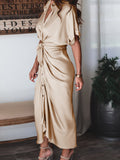 Robe chemise en satin à manches courtes pour femmes avec ceinture