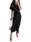 Robe chemise en satin à manches courtes pour femmes avec ceinture