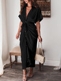 Robe chemise en satin à manches courtes pour femmes avec ceinture