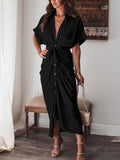 Robe chemise en satin à manches courtes pour femmes avec ceinture