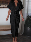 Robe chemise en satin à manches courtes pour femmes avec ceinture