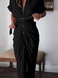 Robe chemise en satin à manches courtes pour femmes avec ceinture