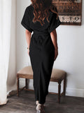 Robe chemise en satin à manches courtes pour femmes avec ceinture