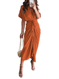 Robe chemise en satin à manches courtes pour femmes avec ceinture