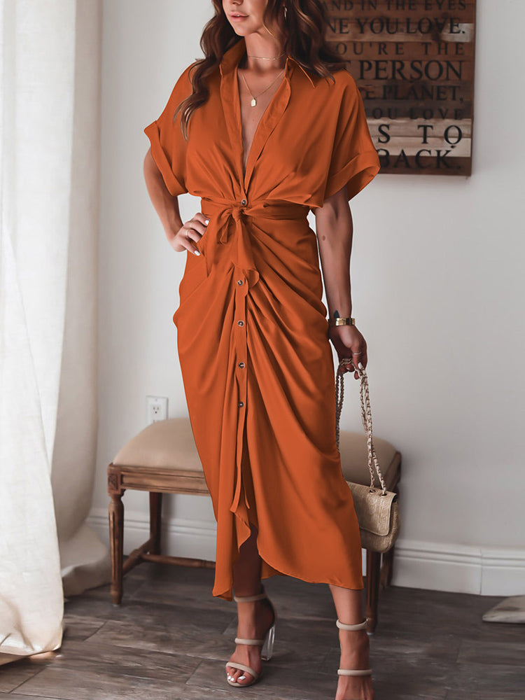 Women's Satin Shirt Dress Short Sleeve Elegant Ruched Wrap Maxi Dresses