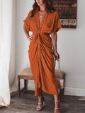 Robe chemise en satin à manches courtes pour femmes avec ceinture