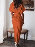 Robe chemise en satin à manches courtes pour femmes avec ceinture
