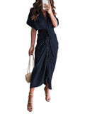 Robe chemise en satin à manches courtes pour femmes avec ceinture