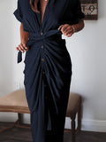 Robe chemise en satin à manches courtes pour femmes avec ceinture