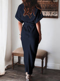 Robe chemise en satin à manches courtes pour femmes avec ceinture