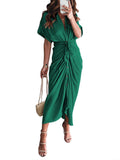 Robe chemise en satin à manches courtes pour femmes avec ceinture