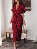 Robe chemise en satin à manches courtes pour femmes avec ceinture